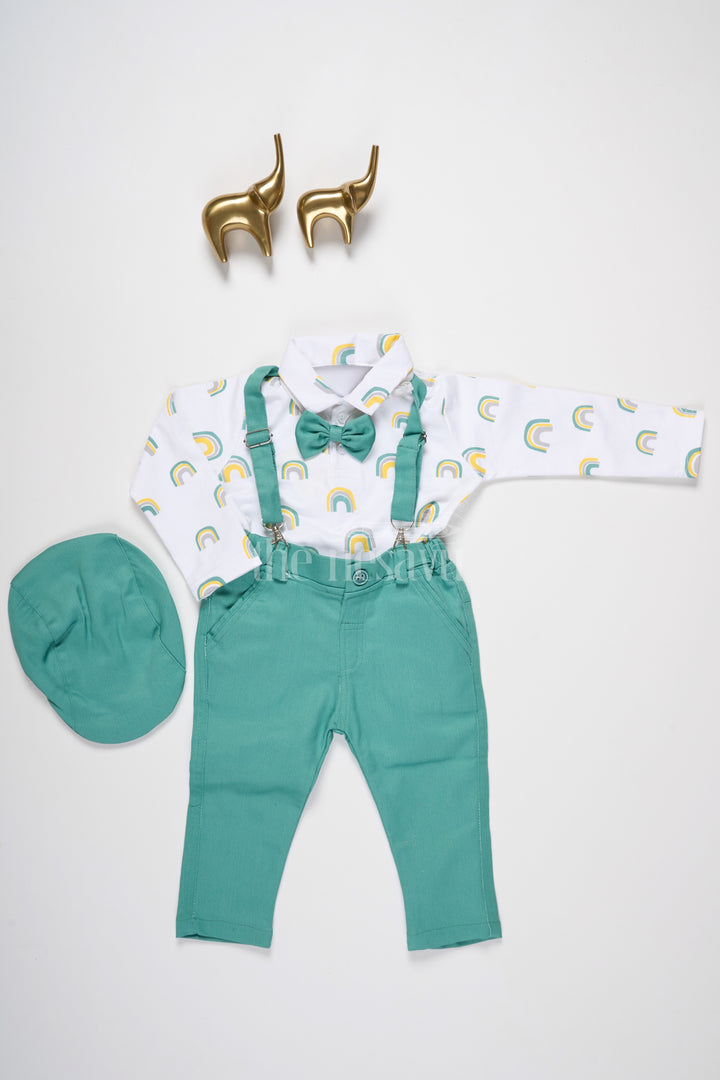 Boys Teal Trousers and Rainbow Print Shirt with Suspenders for Fun Casual Look