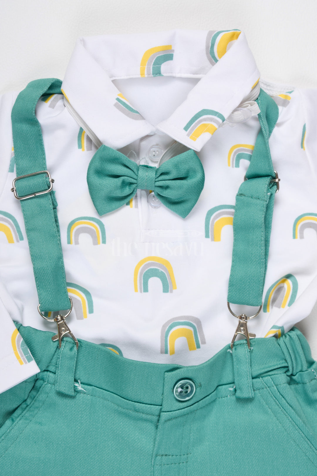 Boys Teal Trousers and Rainbow Print Shirt with Suspenders for Fun Casual Look