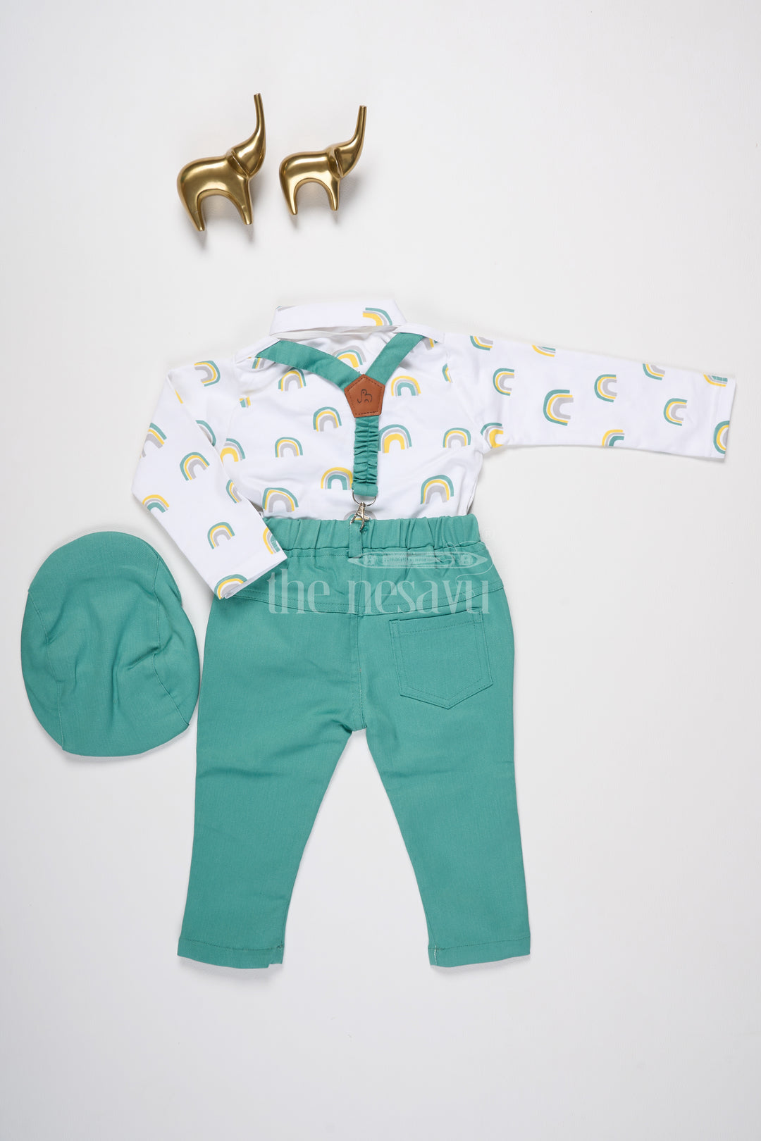 Boys Teal Trousers and Rainbow Print Shirt with Suspenders for Fun Casual Look