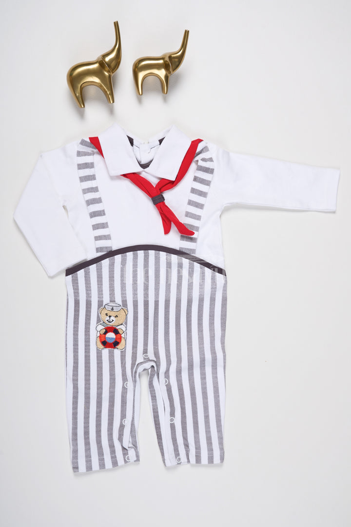 Baby Romper with Nautical Theme, Striped Pants, and Red Scarf Detail for Infants