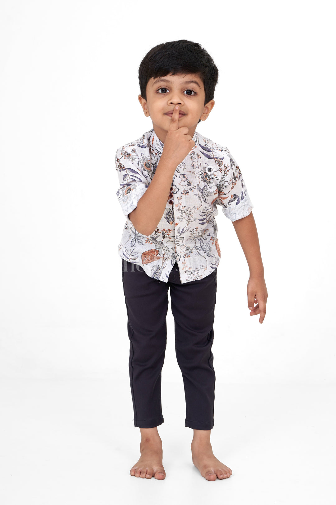 Boys Casual Set with White Floral Shirt and Black Pants, Flax Cotton Blend for Special Occasions