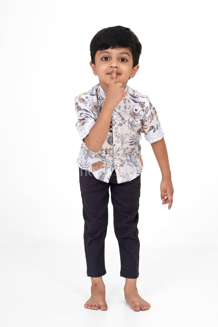 Boys Casual Set with White Floral Shirt and Black Pants, Flax Cotton Blend for Special Occasions