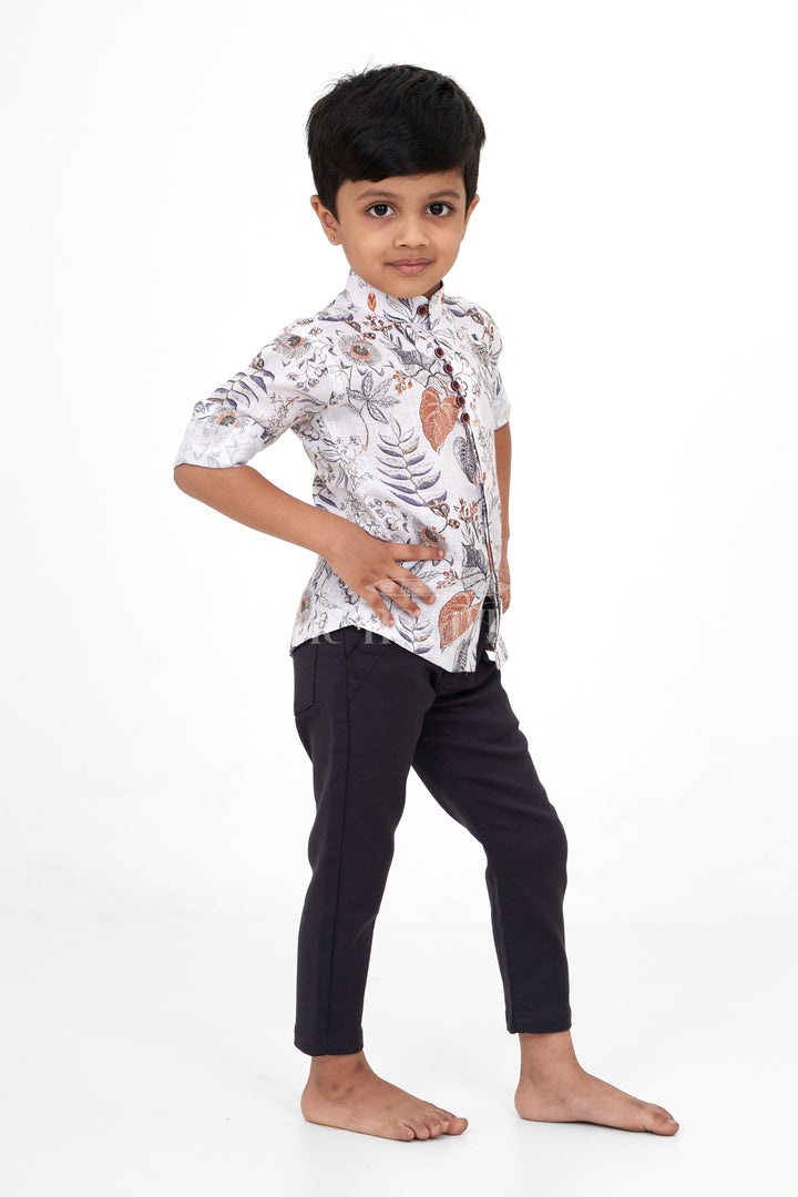 Boys Casual Set with White Floral Shirt and Black Pants, Flax Cotton Blend for Special Occasions