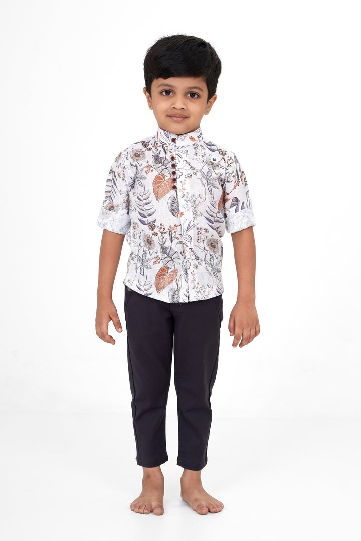 Boys Casual Set with White Floral Shirt and Black Pants, Flax Cotton Blend for Special Occasions