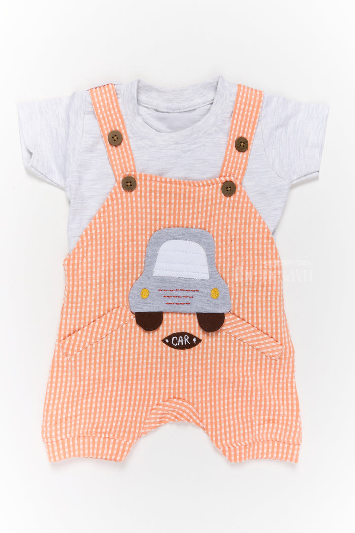 Newborn Wear Orange Striped Cotton Romper with Car Applique and White T-Shirt