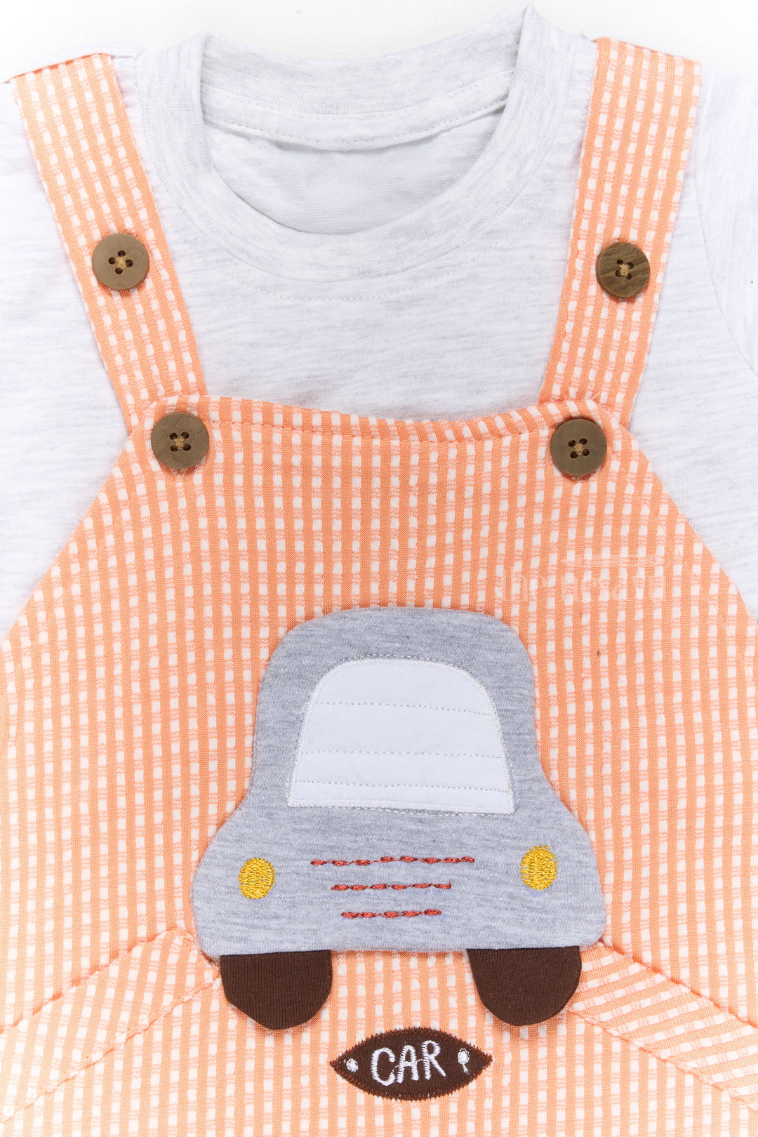 Newborn Wear Orange Striped Cotton Romper with Car Applique and White T-Shirt