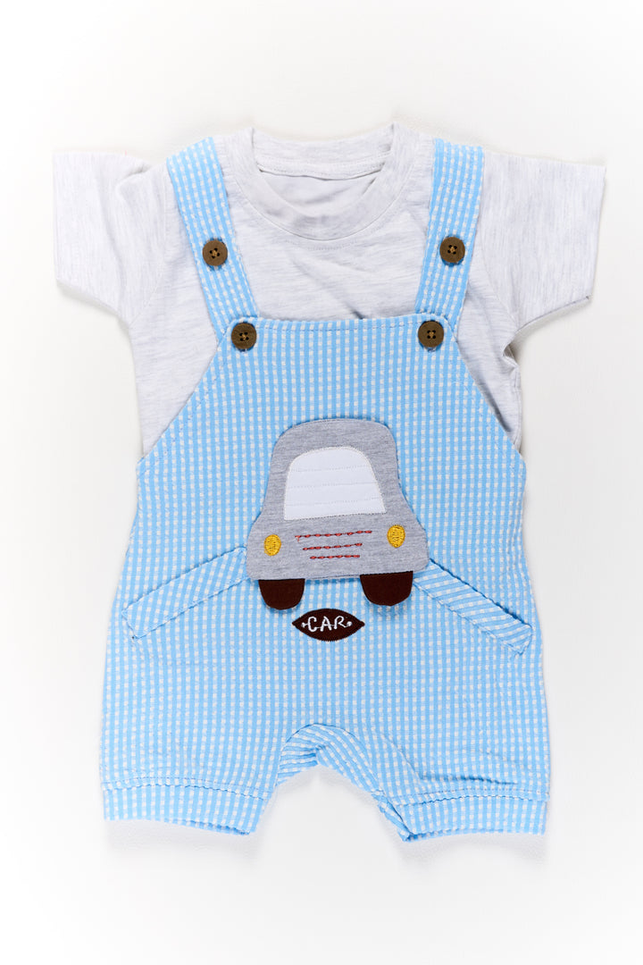 Newborn First Outfit Blue Striped Cotton Romper with Car Applique and White T-Shirt