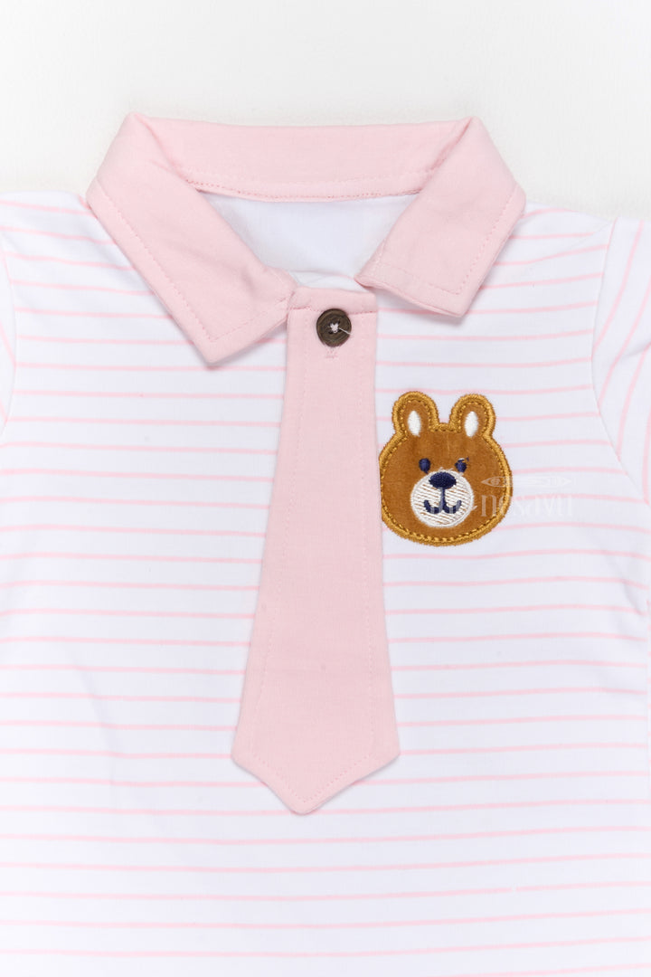 Newborn Wear Pink Cotton Shorts Set with Striped T-Shirt, Tie, and Bear Applique