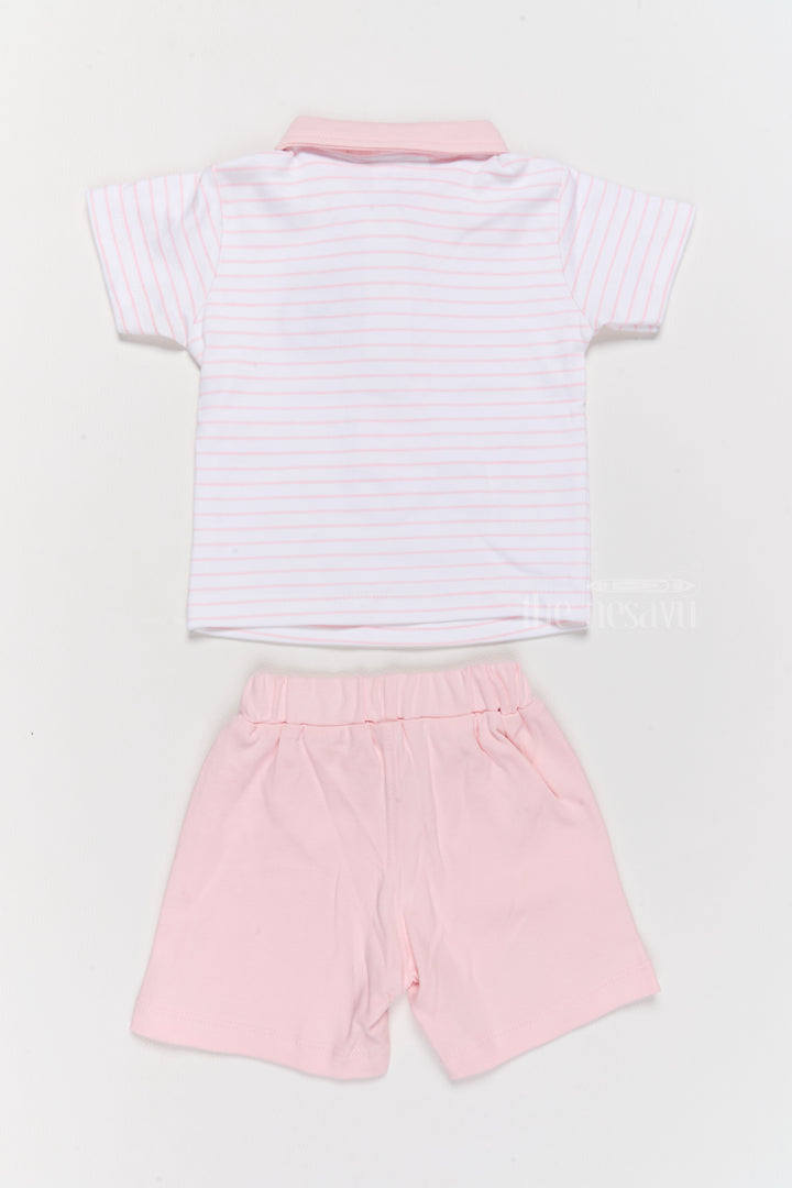 Newborn Wear Pink Cotton Shorts Set with Striped T-Shirt, Tie, and Bear Applique