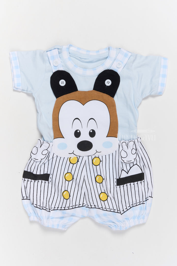 Baby Winter Clothes Blue Cotton Romper with Striped Suspenders and Cartoon Design