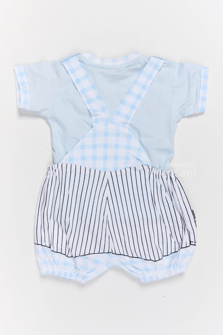 Baby Winter Clothes Blue Cotton Romper with Striped Suspenders and Cartoon Design