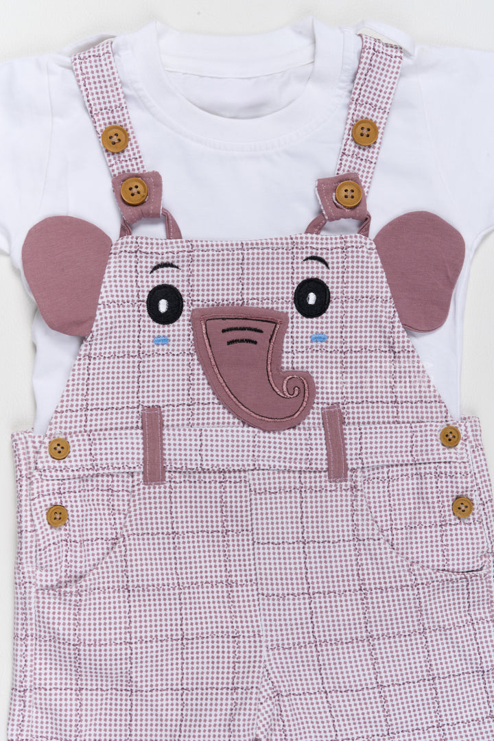 Casual Babydoll Dress Pink Checked Elephant Applique Cotton Dungaree Set