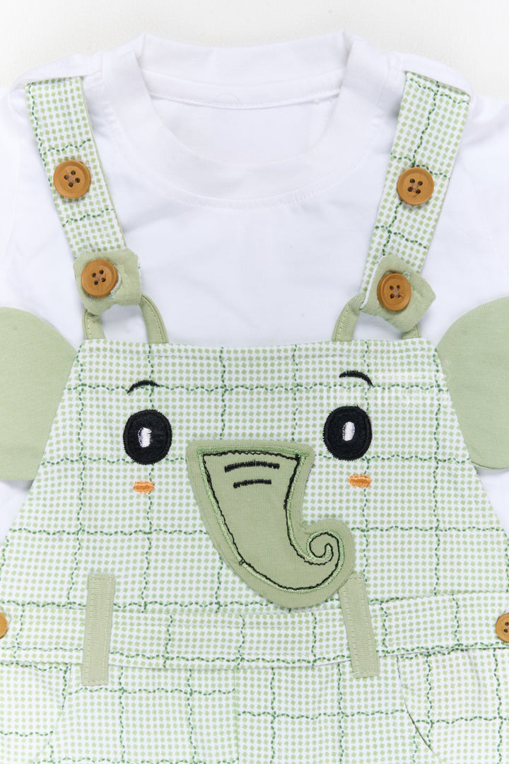 Babydoll Casual Dress Green Checked Elephant Applique Cotton Dungaree Set