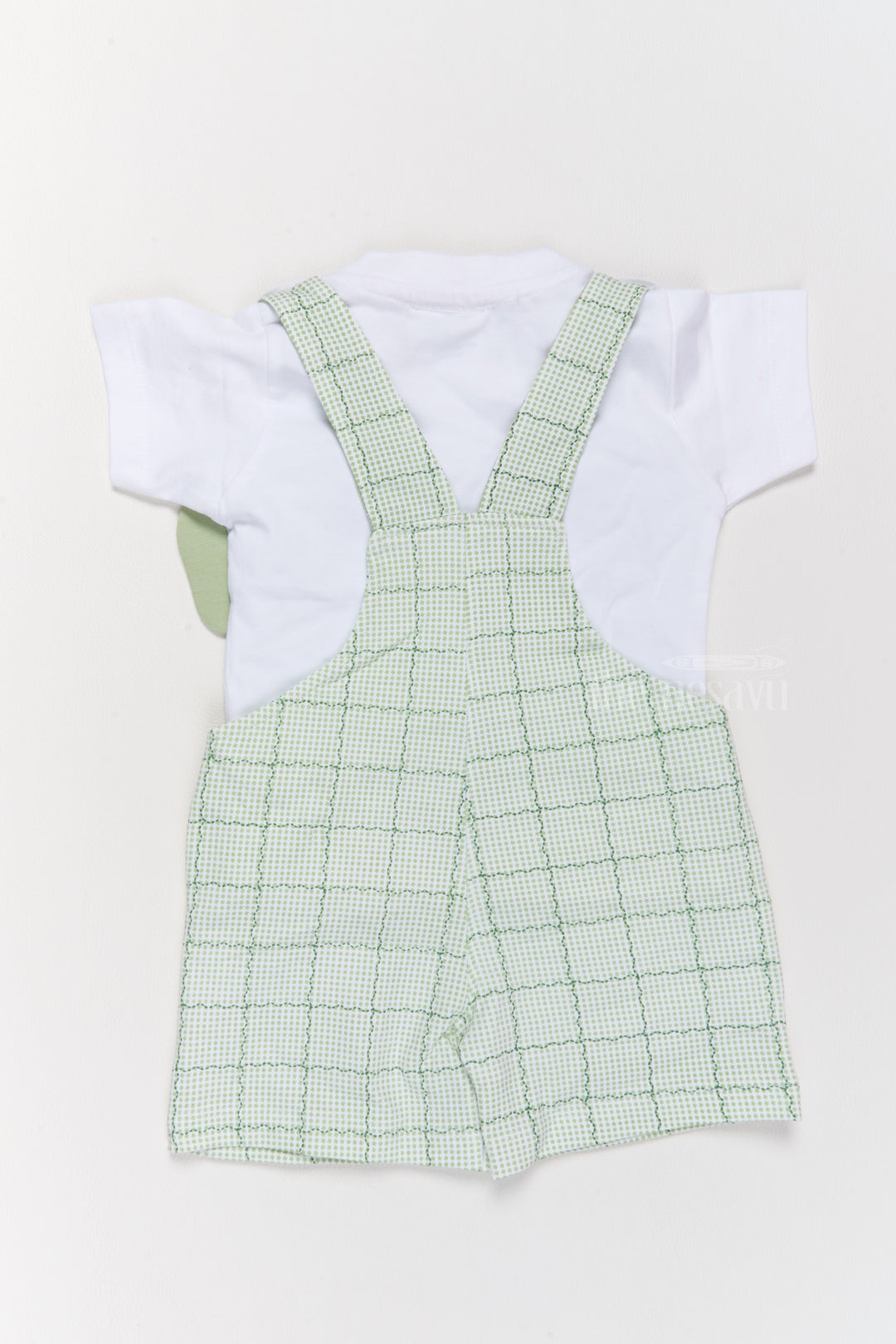 Babydoll Casual Dress Green Checked Elephant Applique Cotton Dungaree Set