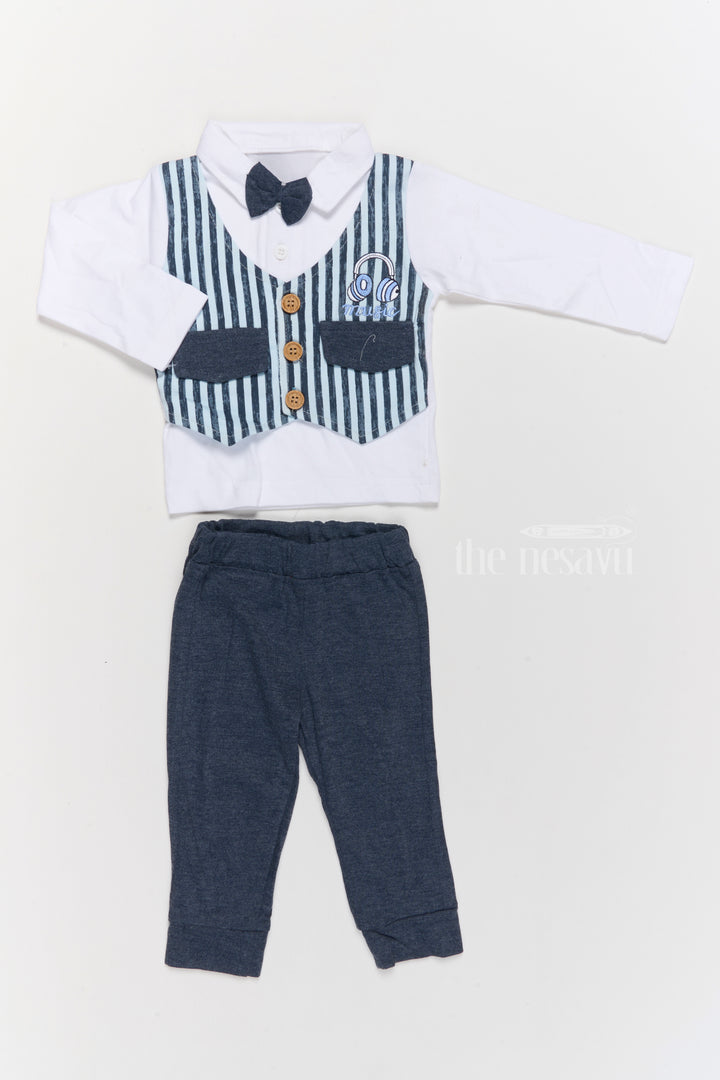 New Born Thermal Wear Cotton Two-Piece Set with Blue Striped Vest and Navy Pants