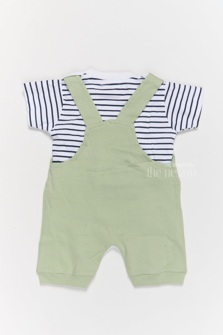 New Born Outfits Green Cotton Dungaree Set with Striped T-Shirt and Dinosaur Applique