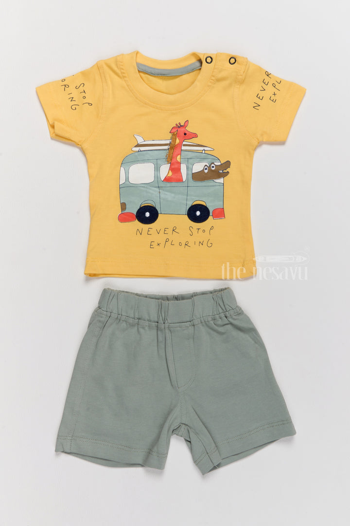 Winter Party Wear Yellow Cotton T-Shirt and Green Shorts Set with Fun Car Print