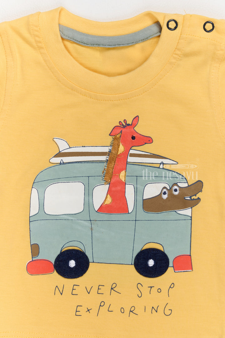 Winter Party Wear Yellow Cotton T-Shirt and Green Shorts Set with Fun Car Print