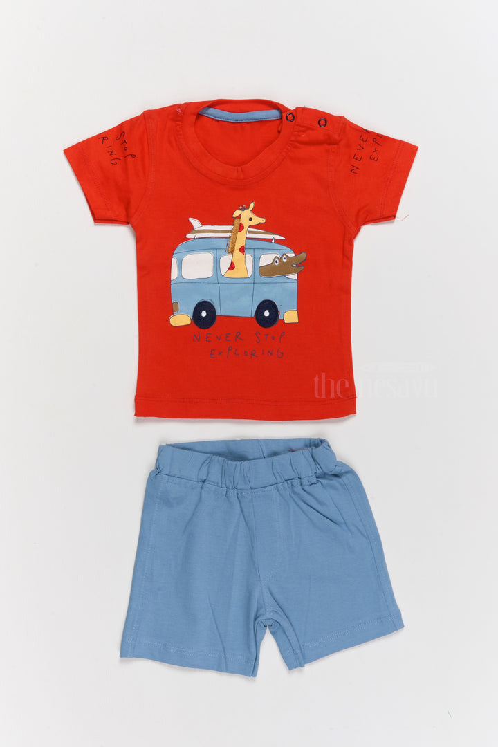 Infant Western Wear Cotton Red T-Shirt with Fun Print and Blue Shorts