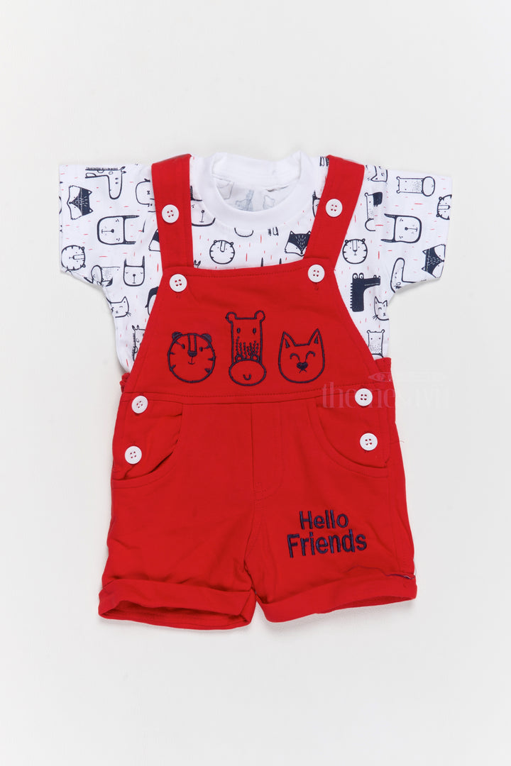 Cute Outfits for Newborns Red Animal Applique Dungaree with Printed T-Shirt