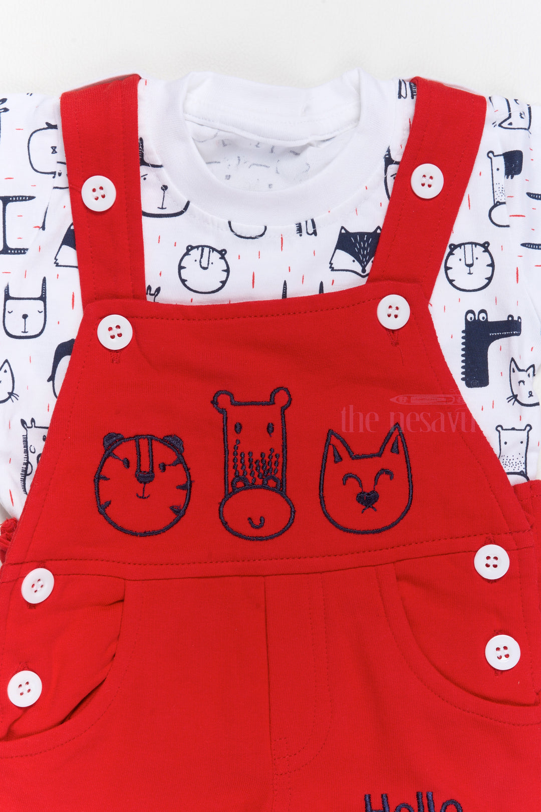 Cute Outfits for Newborns Red Animal Applique Dungaree with Printed T-Shirt