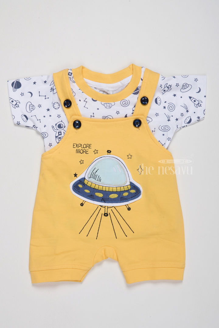 Holi Dress for Newborn Yellow Space Theme Dungaree with Printed T-Shirt