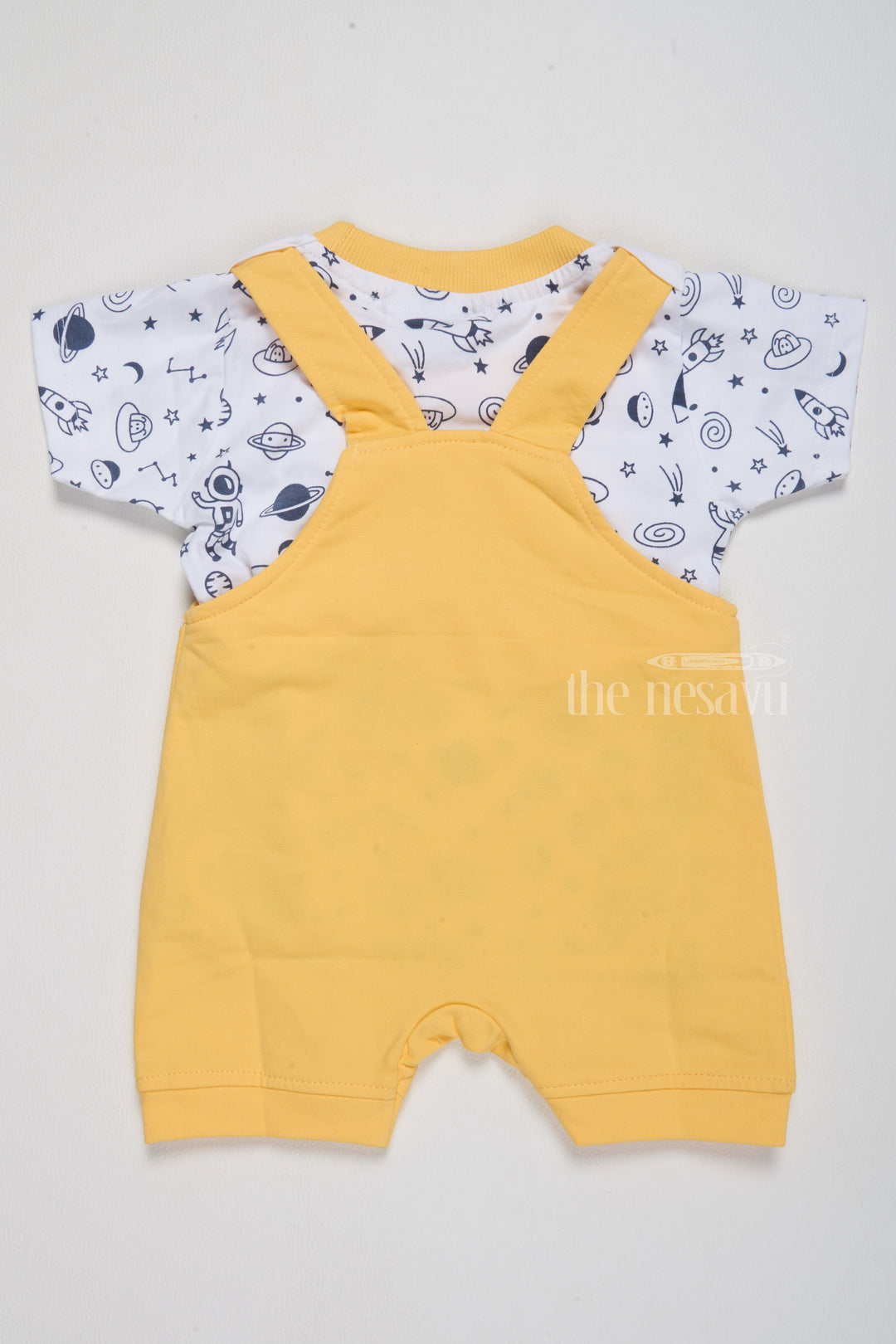 Holi Dress for Newborn Yellow Space Theme Dungaree with Printed T-Shirt