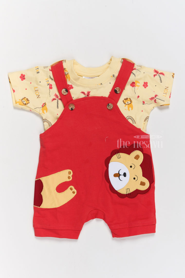 Western Newborn Outfits Red Lion-Themed Dungaree with Printed Yellow T-Shirt