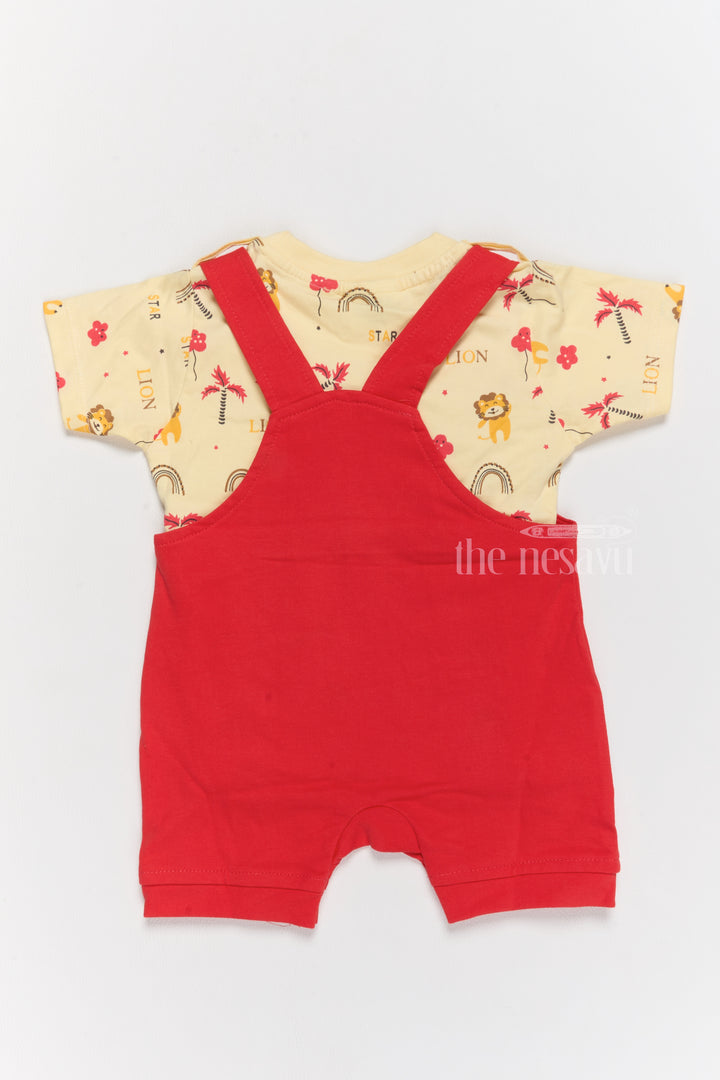 Western Newborn Outfits Red Lion-Themed Dungaree with Printed Yellow T-Shirt