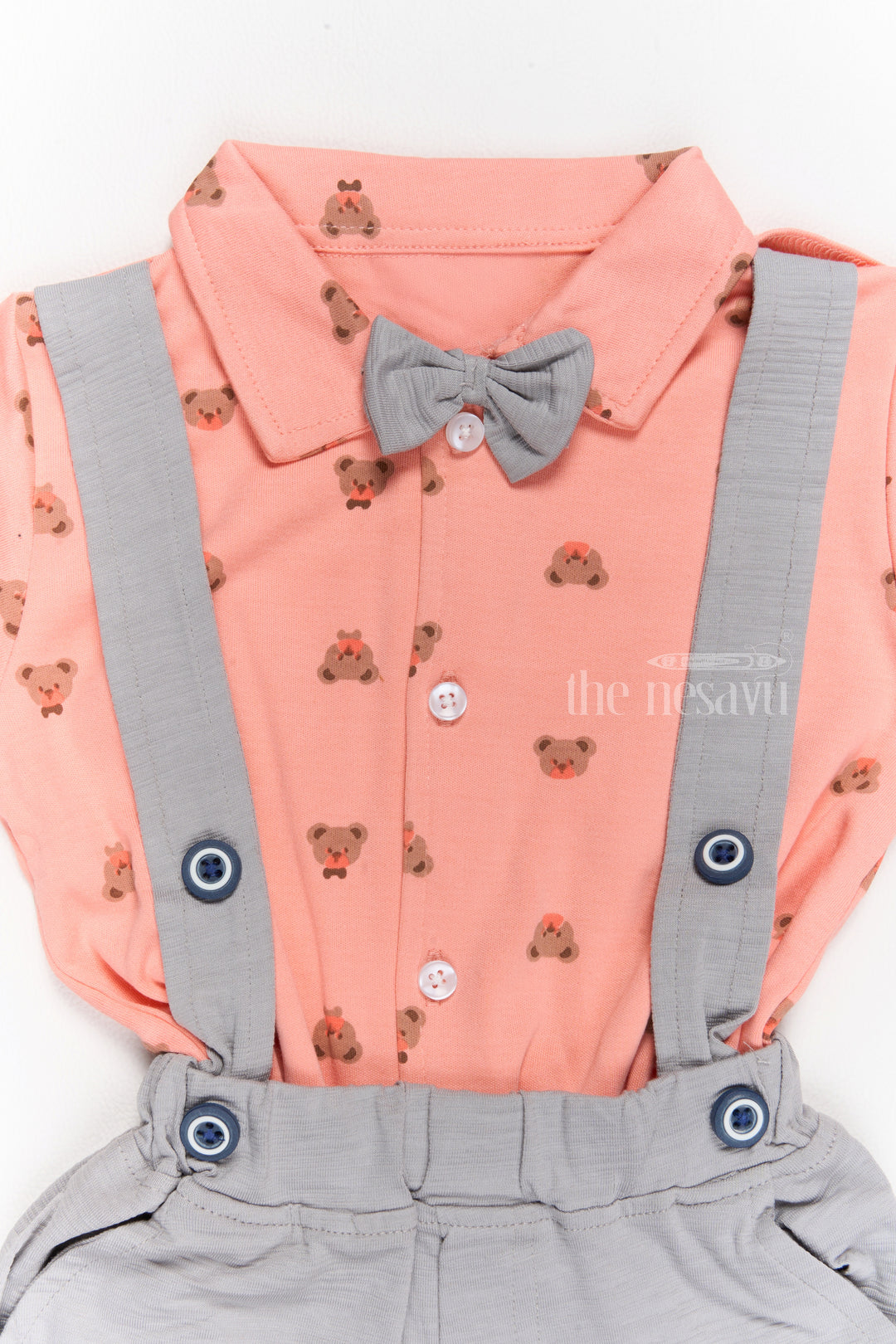 Trendy Newborn Clothes Peach Bow Tie Shirt with Grey Suspender Shorts Set