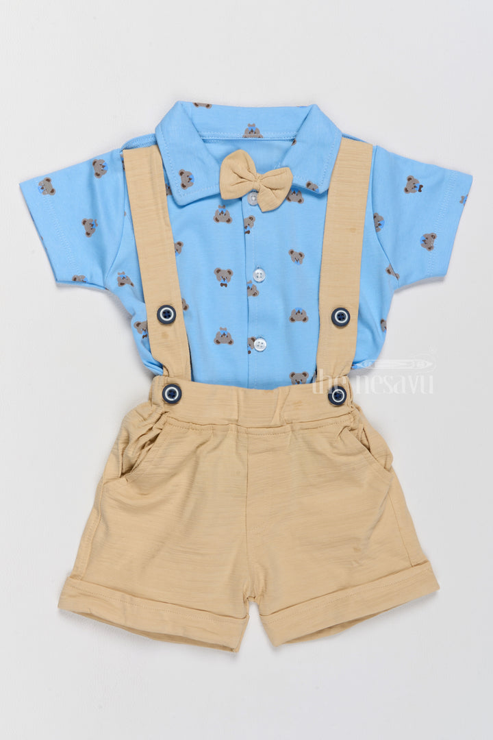 Newborn Fourth of July Outfit Blue Bow Tie Shirt with Yellow Suspender Shorts