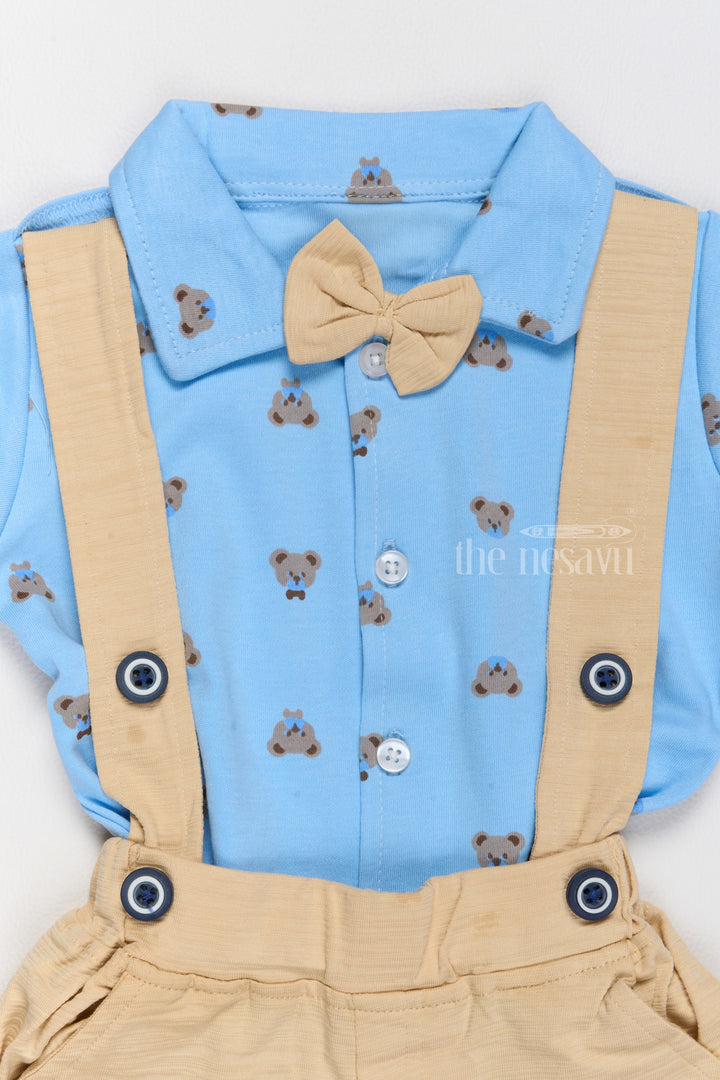 Newborn Fourth of July Outfit Blue Bow Tie Shirt with Yellow Suspender Shorts