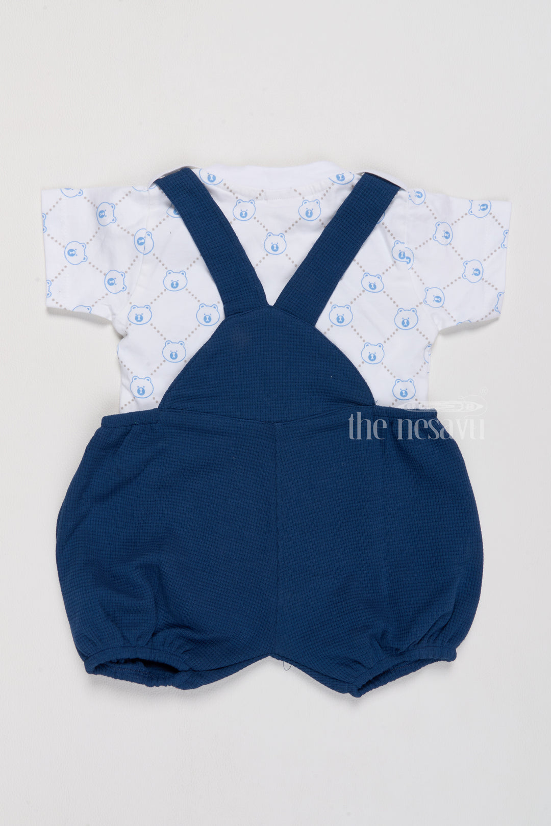 Infant Beach Clothes with Bunny Applique and Playful Blue Suspender Shorts