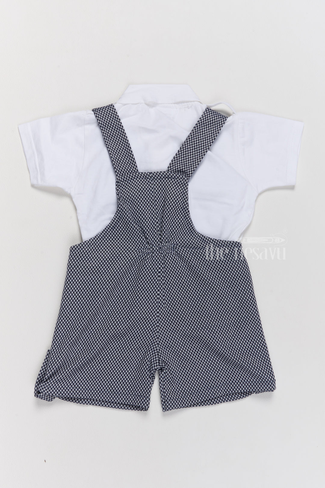 Formal Wear for Infants with Checkered Overalls and Bowtie in Navy Blue