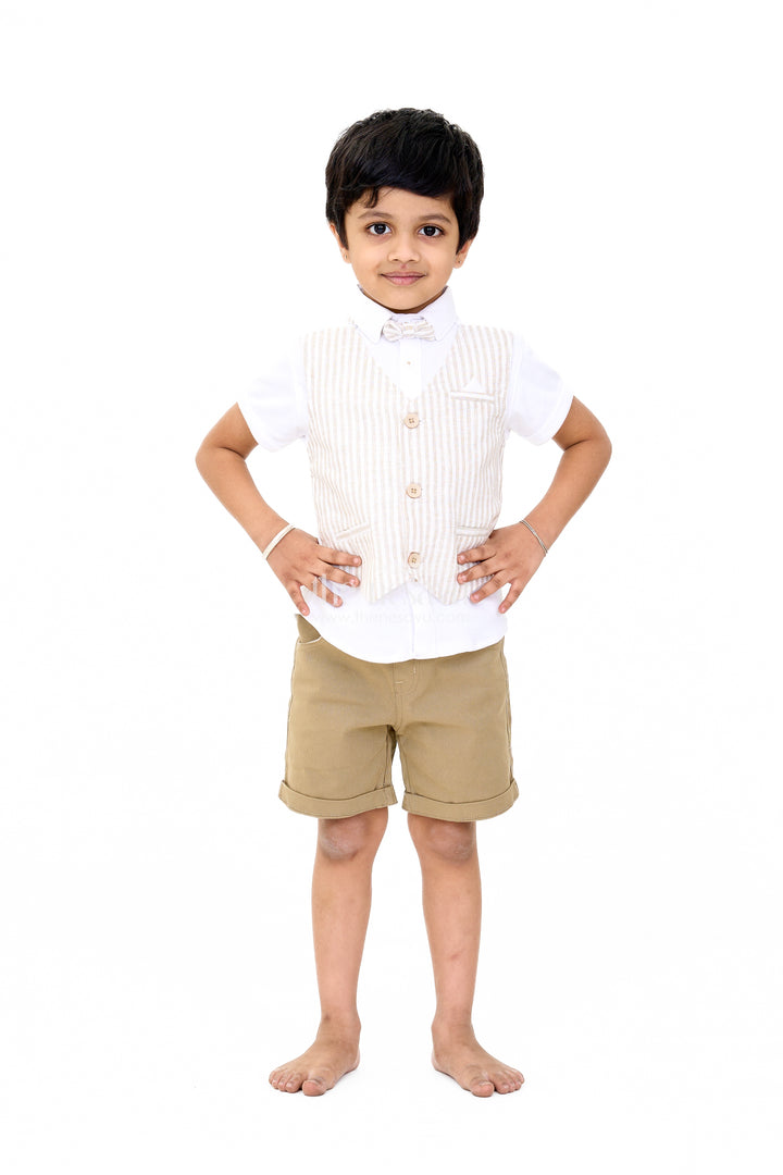 Boys Dress Shirt and Shorts Set with Striped Waistcoat and Bow Tie