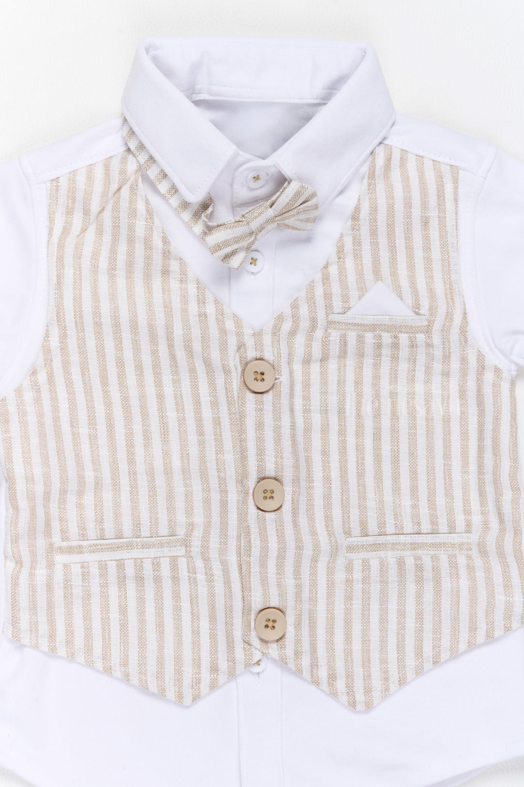 Boys Dress Shirt and Shorts Set with Striped Waistcoat and Bow Tie