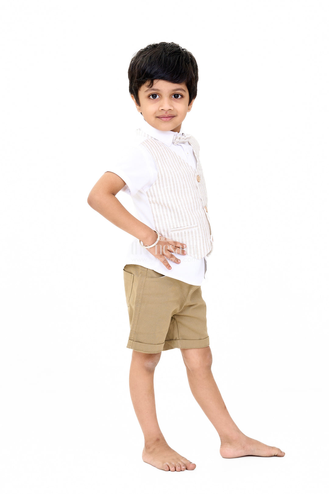 Boys Dress Shirt and Shorts Set with Striped Waistcoat and Bow Tie