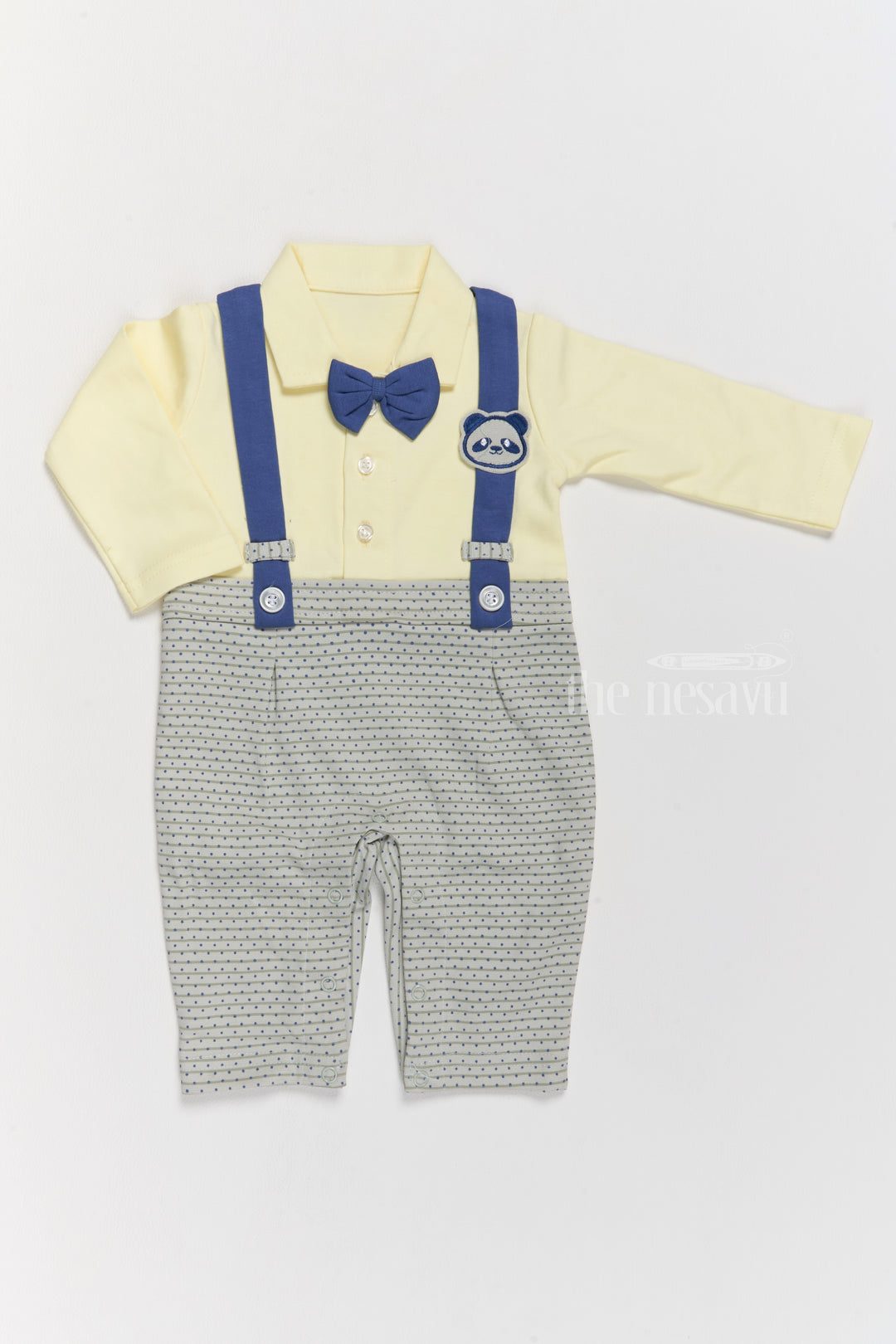 Boys Casual and Formal Cotton Attire with Yellow Shirt, Printed Dungarees, and Bow Tie