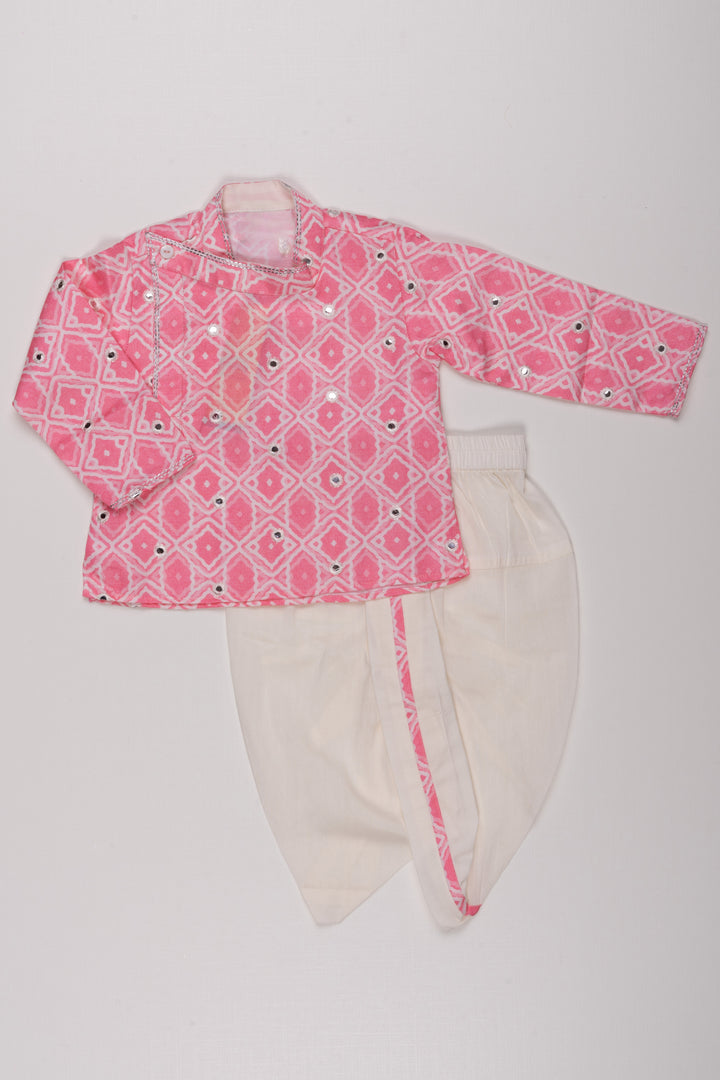 Pink Passion: Mirror-Embroidered Geometric Printed Kurta & Panjagacham Set for Boys