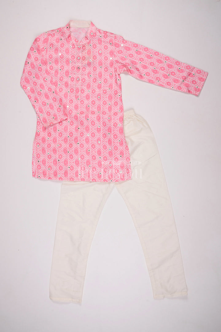 ACP.Blush Blossom: Mirror-Embroidered Geometric Printed Pink Kurta Shirt & Pant Set for Boys