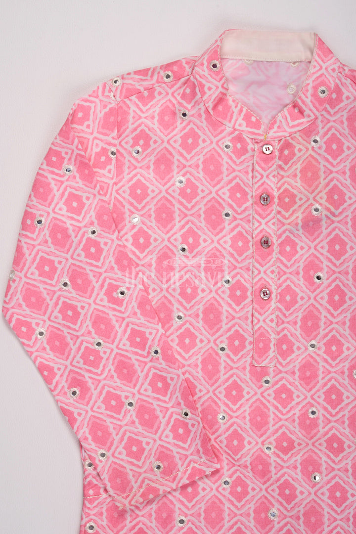 ACP.Blush Blossom: Mirror-Embroidered Geometric Printed Pink Kurta Shirt & Pant Set for Boys