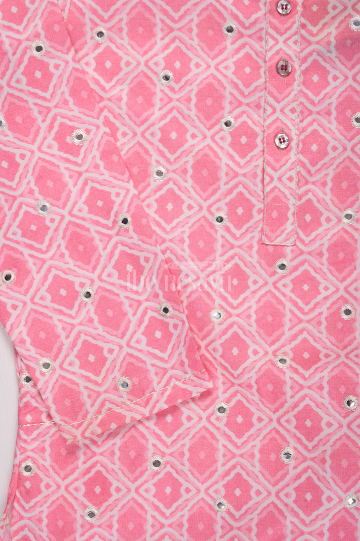 ACP.Blush Blossom: Mirror-Embroidered Geometric Printed Pink Kurta Shirt & Pant Set for Boys