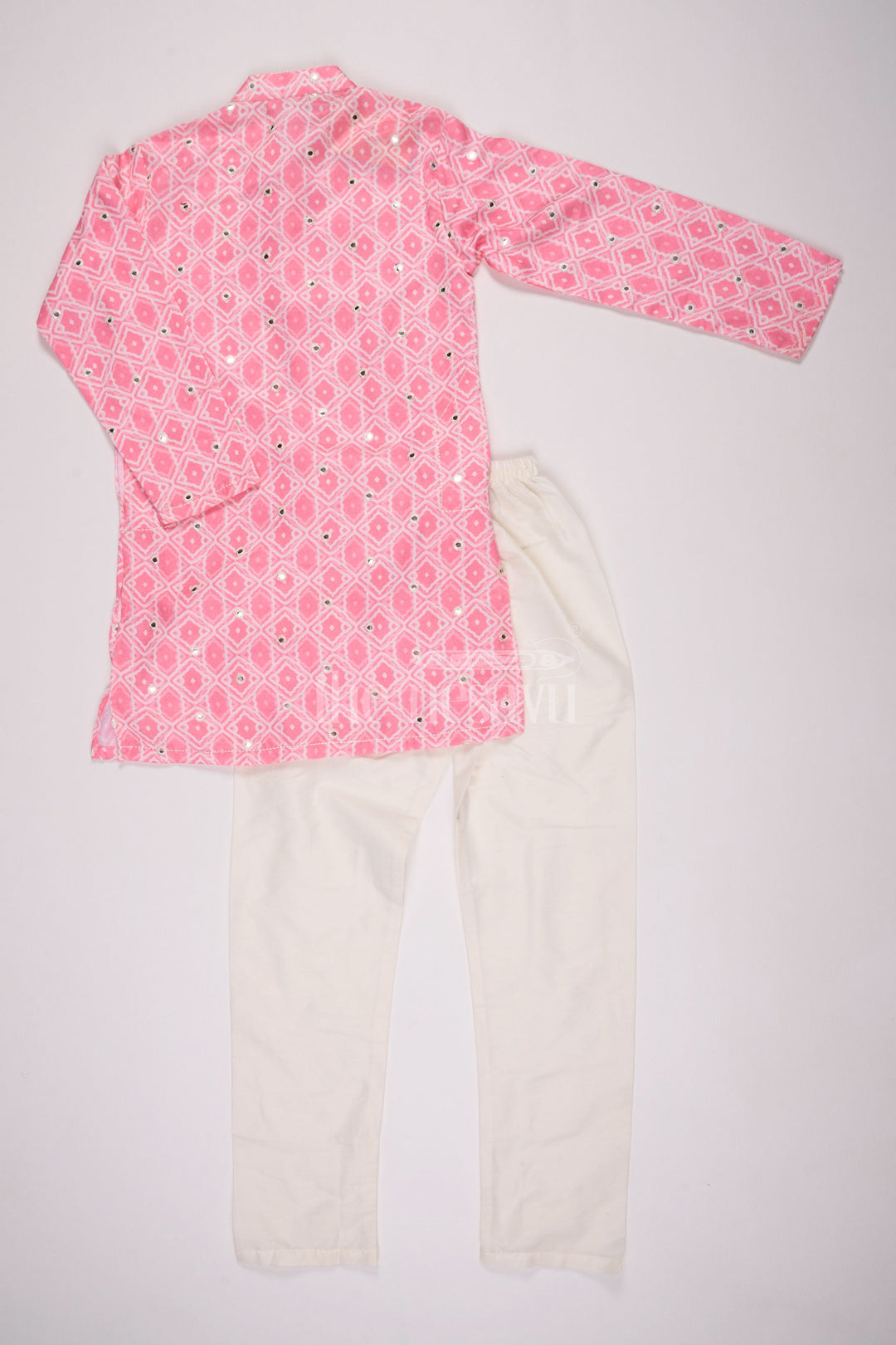 ACP.Blush Blossom: Mirror-Embroidered Geometric Printed Pink Kurta Shirt & Pant Set for Boys