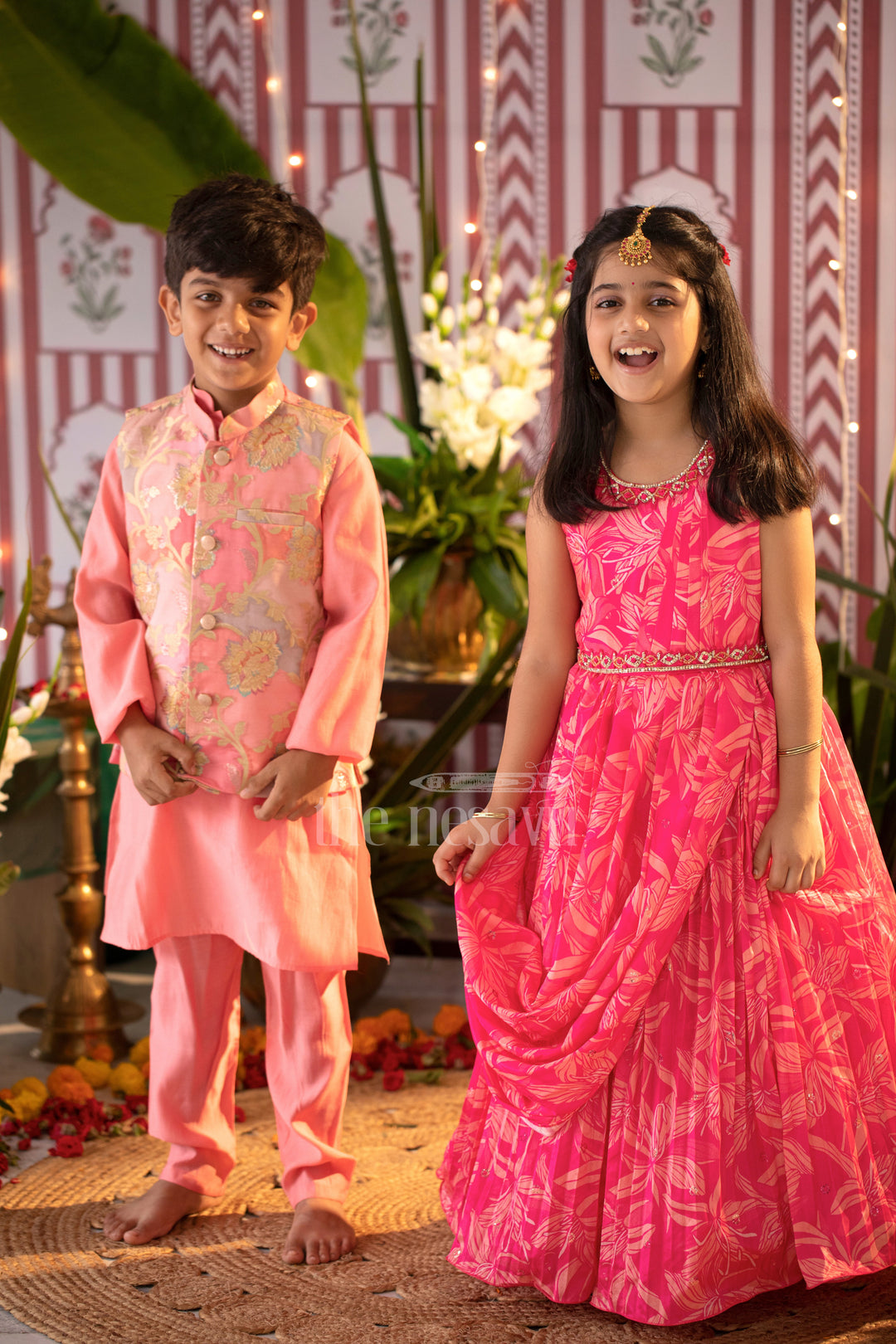 Enchanted Blossom Boys Pink Kurta with Floral Jacket Set