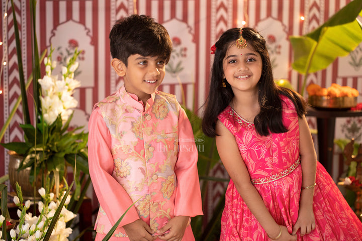 Enchanted Blossom Boys Pink Kurta with Floral Jacket Set