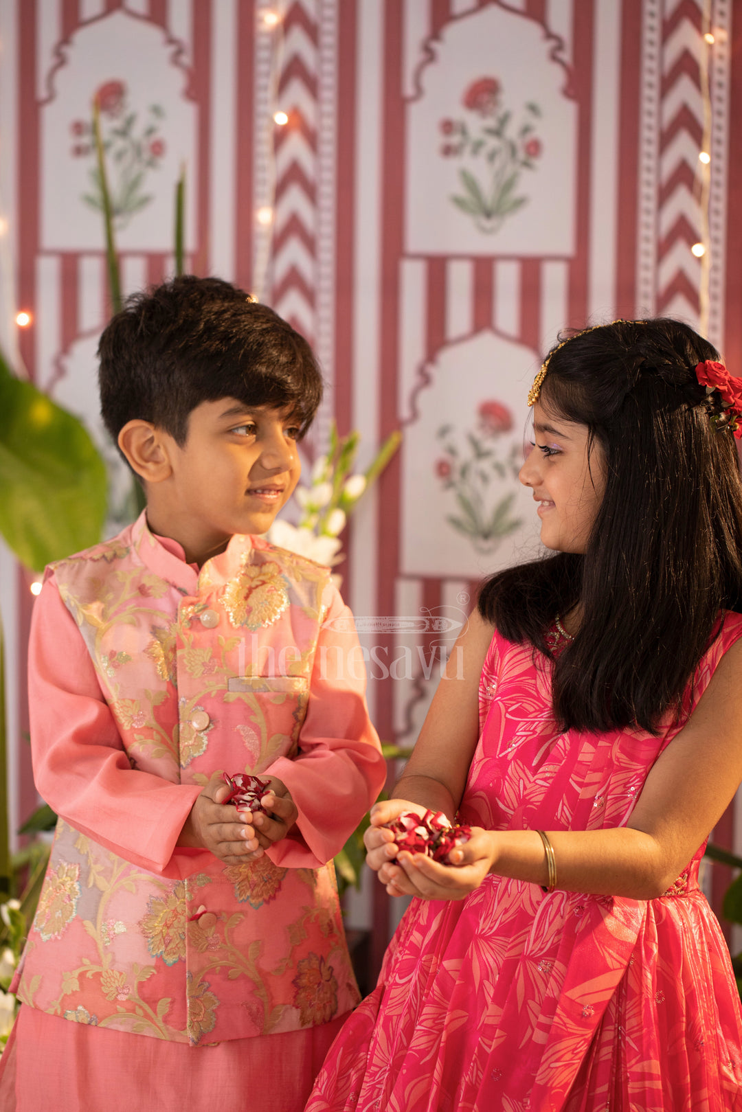 Enchanted Blossom Boys Pink Kurta with Floral Jacket Set