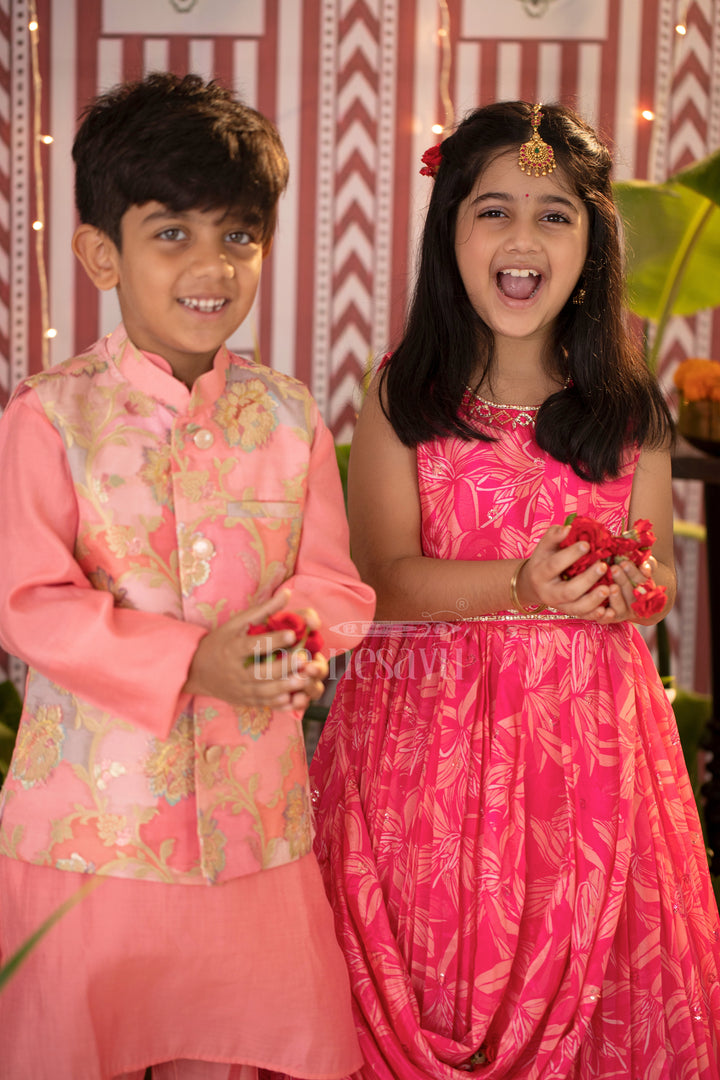 Enchanted Blossom Boys Pink Kurta with Floral Jacket Set