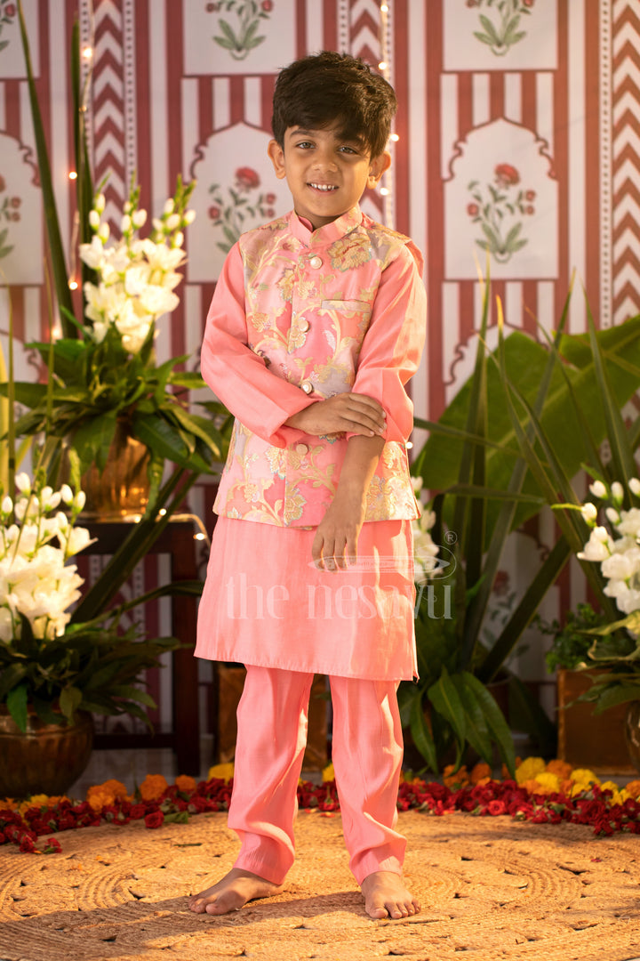 Enchanted Blossom Boys Pink Kurta with Floral Jacket Set