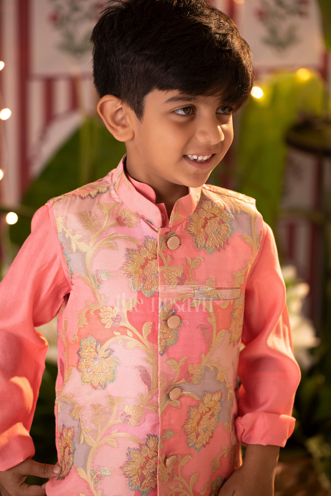 Enchanted Blossom Boys Pink Kurta with Floral Jacket Set