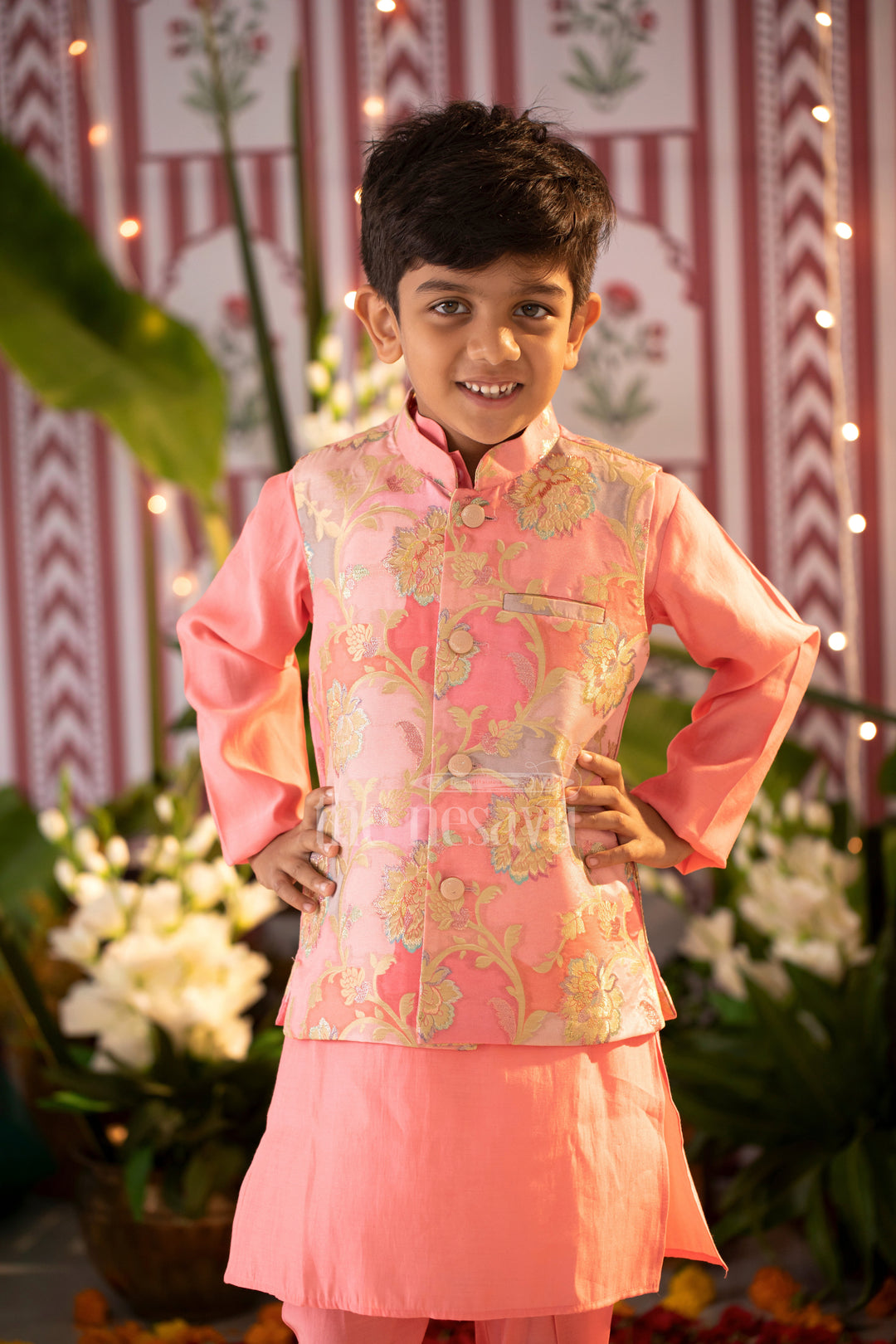 Enchanted Blossom Boys Pink Kurta with Floral Jacket Set